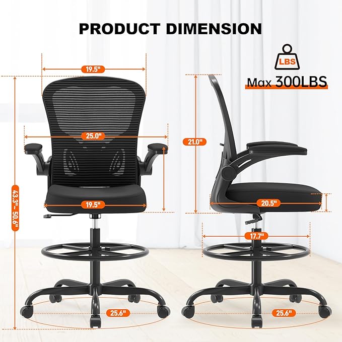 Ergonomic Tall Drafting Chair-Mesh Desk Chair with Flip-Up Arms | Adjustable Height,Lumbar Support,Adjustable Footrest Ring,Standing Desk,Breathable Backrest - Image 3