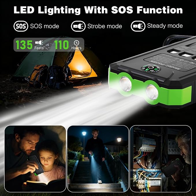 Solar Charger Power Bank 20,000mAh, Portable Charger, 4 Cables 3 Ports Fast Charging External Battery Pack with USB C for Cell Phones, Solar Panel Charger with Dual Flashlight for Camping Green - Image 7