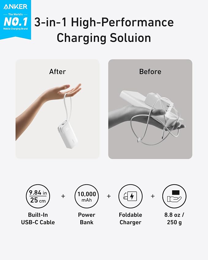 Anker Nano 3-in-1 Portable Charger,10,000mAh 30W Travel Power Bank | Battery Pack with Built-In USB-C Cable and Foldable Wall Plug, for iPhone 17 / 16 / 15 Series (Pink) - Image 2