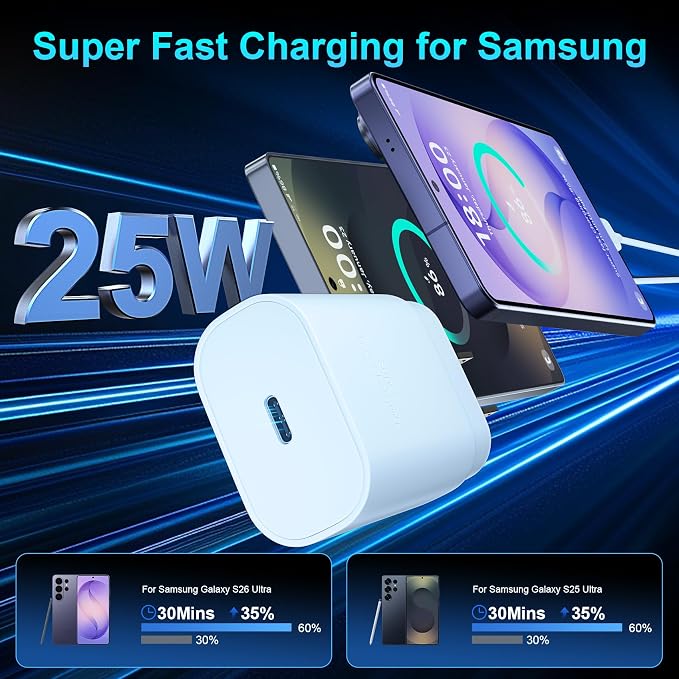 Super Fast Charger Type C, 25W USB C Wall Charger Fast Charging for Samsung Galaxy S26 Ultra/S26/S26+/S25 Ultra/S25/24 Ultra/S24/S23 Ultra/S22 Ultra with 6.6FT Long Android Type C Charger Cable 2Pack - Image 2