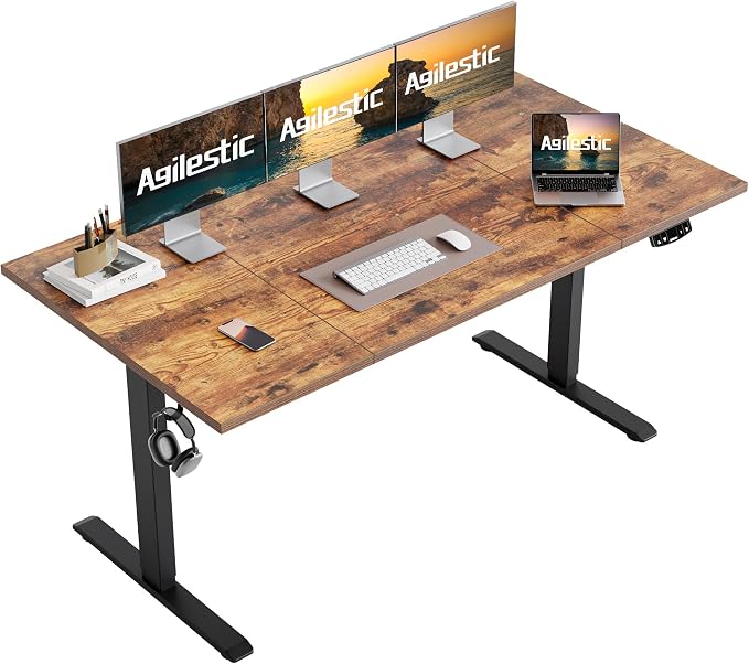 Agilestic Electric Height Adjustable Standing Desk, 63 Inch, Vintage Brown | Smooth Height Adjustment, Memory Presets, Hooks, Stable Steel Frame,154 lbs Capacity, Easy Assembly, Splice Board by Agilestic