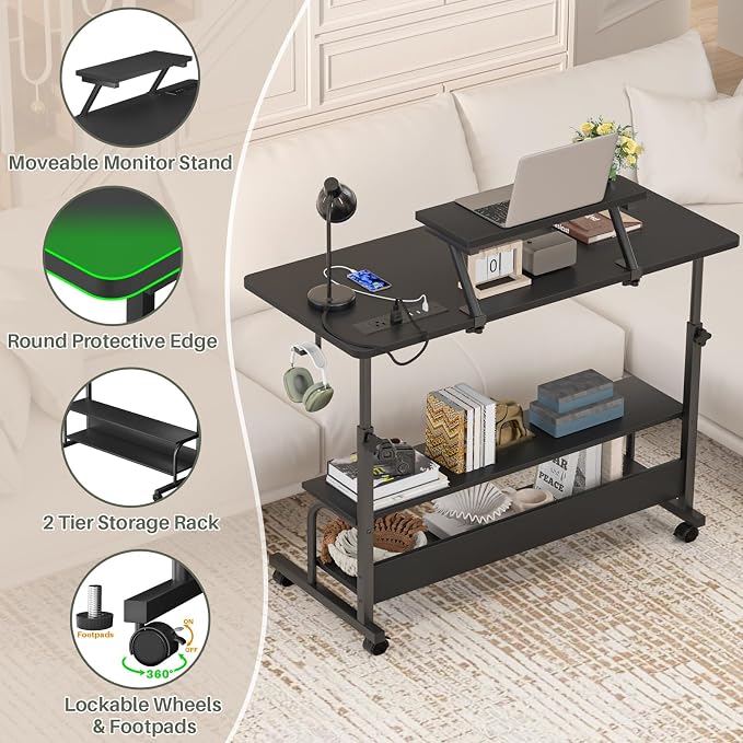 Height Adjustable Standing Desk with Power Outlets and LED Lights - 39" Manual Stand Up Desk with Monitor Stand and Storage Shelves Small Mobile Rolling Computer Desk Portable Laptop Table, Black - Image 6