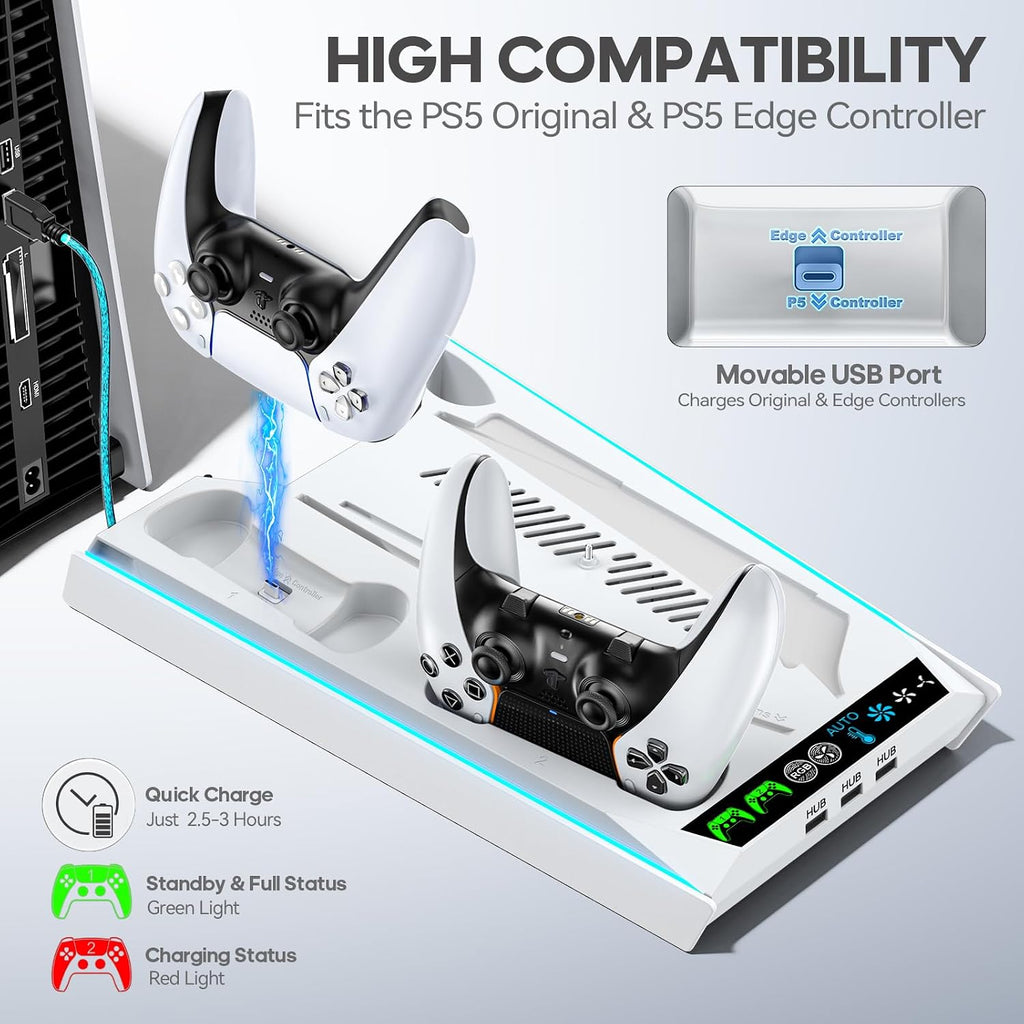 Rysker PS-5/Slim/Pro Cooling Station with Quiet Cooling Fan and Fast Controller Charger for Disc & Digital Console, PS-5 Accessories Incl. 3 USB Ports, Screw and Headset - Image 4
