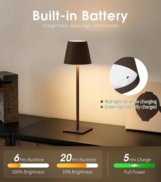 UME 3 Pack Cordless Table Lamp, Battery Operated Lamp - Portable Waterproof Rechargeable Table Lamp w/ 3 Color Temps & Stepless Dimming for Dinner, Desk, Cafe, Outdoor (Matte Brown) - Image 5