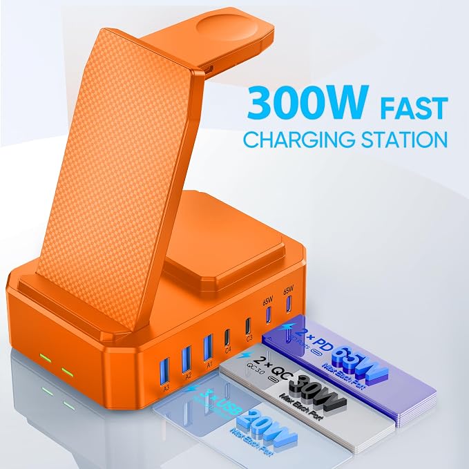 300W Charging Station for Multiple Devices Apple, Zutspzss 10 in 1 Wireless Charger for iPhone 16, GaN III USB C 65W PD Fast Charging Stand Dock for MacBook, Apple Watch&Airpods,Orange - Image 4