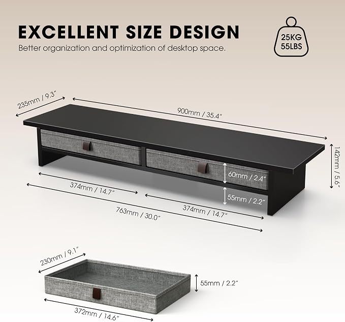 Fenge 35 Inch Monitor Stand with Drawer Storage, Computer Riser for Desk | Wooden Computer Shelf, 2 Tiers, for Dual Monitor/Laptop/PC/TV/Printer up to 55Lbs, Home Office Desk Organizer - Image 5