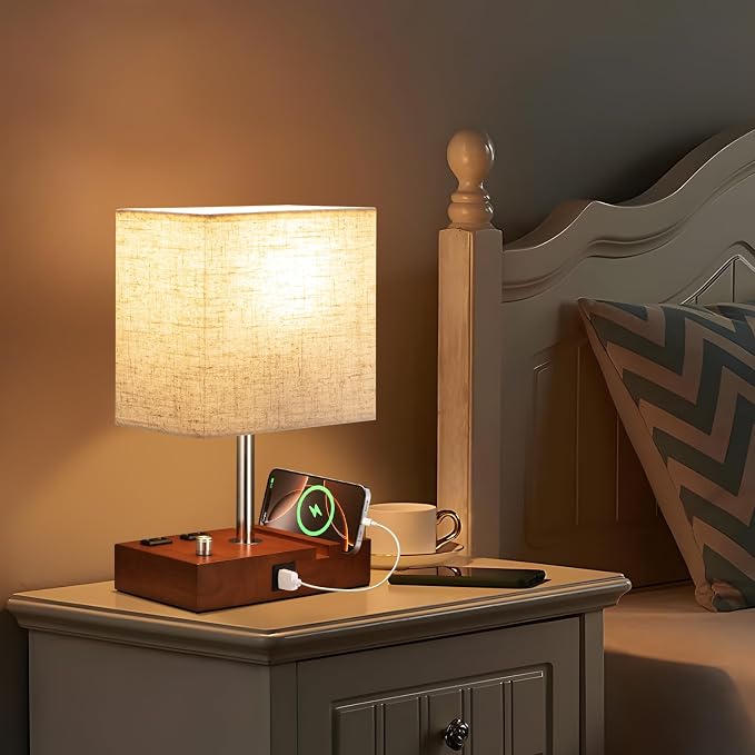 Brown Wood Grain Bedside Lamp - Stepless Dimmable, USB C+A, 2 AC Outlets | Dimming By Rotary Knob, USB C+A Ports, 2 Phone Stands, LED Bulbs Included, Rectangle Beige Lampshade, for Living Room, Desk - Image 6