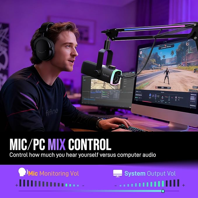 FIFINE AmpliGame AM8PROT Gaming Microphone Kit, XLR/USB Dynamic PC Mic | Streaming Mic Set with Boom Arm, RGB, Tap-to-Mute, Mix Control, Headphone Jack, Volume Knob for Podcast Recording - Image 5