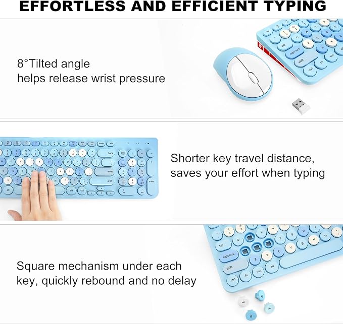 Wireless Keyboard and Mouse Combo, Retro Typewriter Keyboard with Round Keycaps, 2.4GHz USB Cute Wireless Keyboard Mouse for Computer, Desktop, Laptop (Blue Colorful) - Image 4