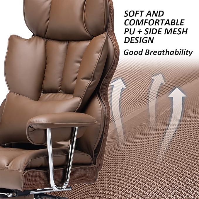Efomao Big and Tall Office Chair 400lbs – PU Leather Executive Office Chair with Lumbar Support & Leg Rest, Heavy-Duty Computer Chair for Home Office, Brown | 400lbs support, 135° recline, dual-layer foam cushion, 23.5" seat & footrest. BIFMA - Image 6