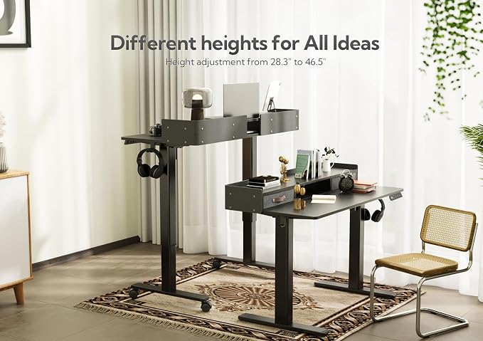 Claiks Standing Desk with Drawers & Wheels, 2 Height Shelf 63" Black | 2 height adjust shelf, tabletop drawers, felt fence design, sturdy supports 176 lbs, 4 wheels, 2 tire monitor stand - Image 4