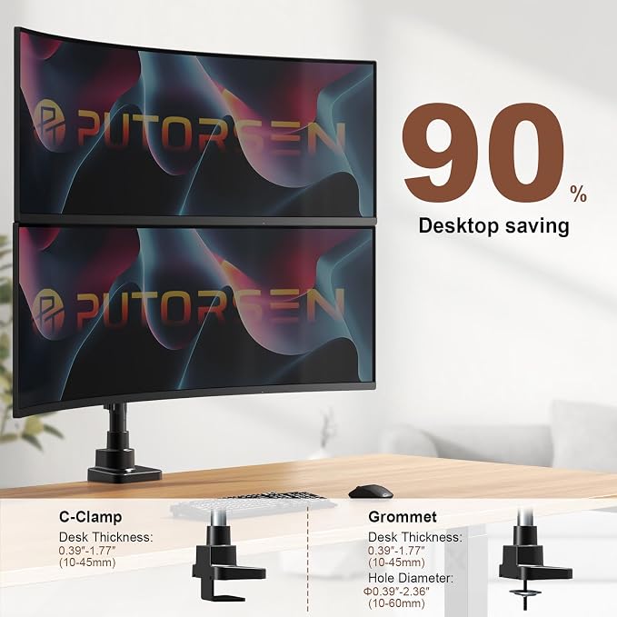 Dual Monitor-Arm Heavy-Duty for 17-49-inch Screens - Premium Vertical Stacked Dual Monitor Arm Desk Mount for Ultrawide Screens up to 44lbs, Fully Adjustability, VESA 75/100 mm, Black - Image 5