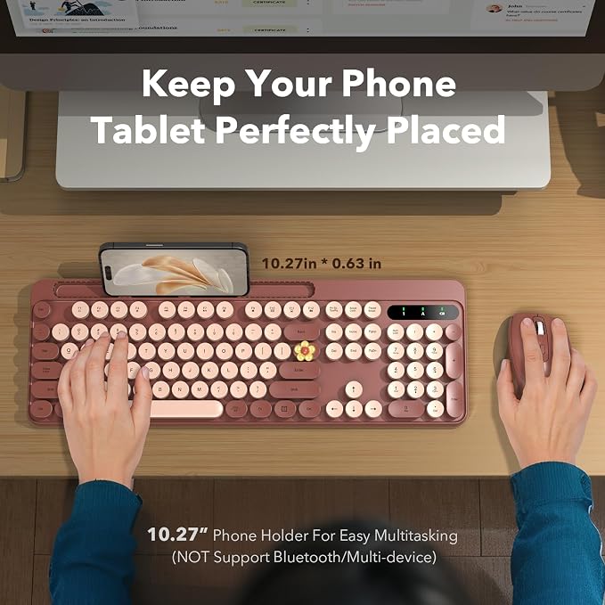 Wireless Keyboard and Mouse Combo, Retro Round Keycaps, Full-Size Cute Typewriter Keyboard with Large Phone/Tablet Holder, Auto-Sleep, 2.4GHz Cordless Connection for Windows/PC/Laptop (Wine Red) - Image 2