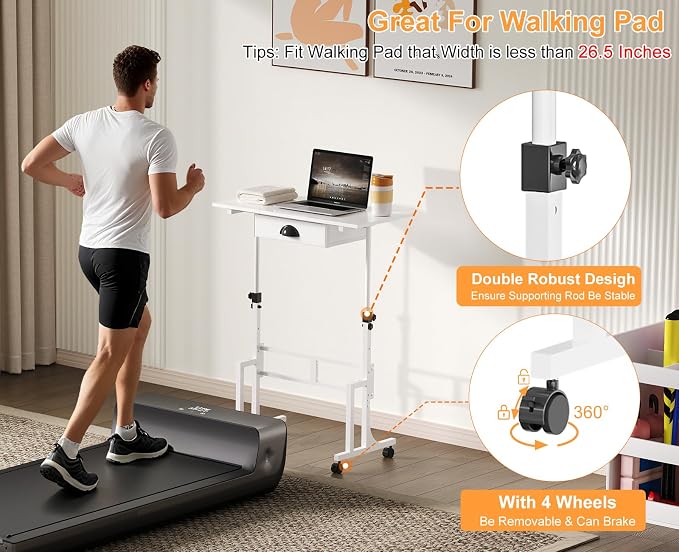 Cidaziya Adjustable Height Standing Desk for Walking Pad Treadmill, Portable Rolling Desk for Laptop with Drawer, Small Moblie Sit to Stand Desk On Wheels with Stiffener for Home Office Dorm Bedroom - Image 4