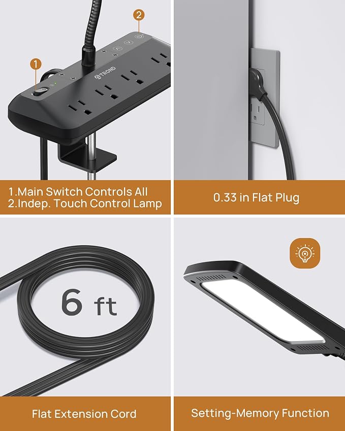 TROND LED Desk Lamp with Clamp Power Strip, 6ft Flat Plug Extension Cord | Eye Caring Desk Light with 4 Surge Protector Outlet, 15 Lighting Mode, Gooseneck for Home Office College Dorm Room Essentials - Image 5