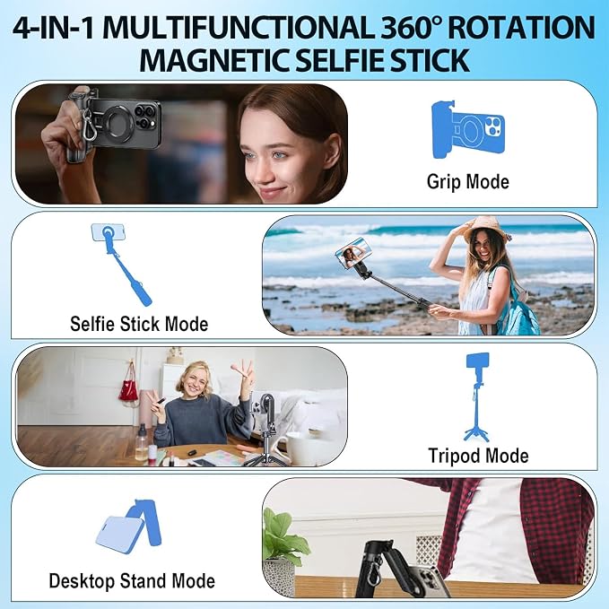 4-in-1 Multifunctional Magnetic Selfie Stick,360° Rotation Phone Tripod, Portable Extendable Mag Tripod,for Video Recording & Vlog,Portable Pocket Size for iPhone & Android（Black） - Image 2