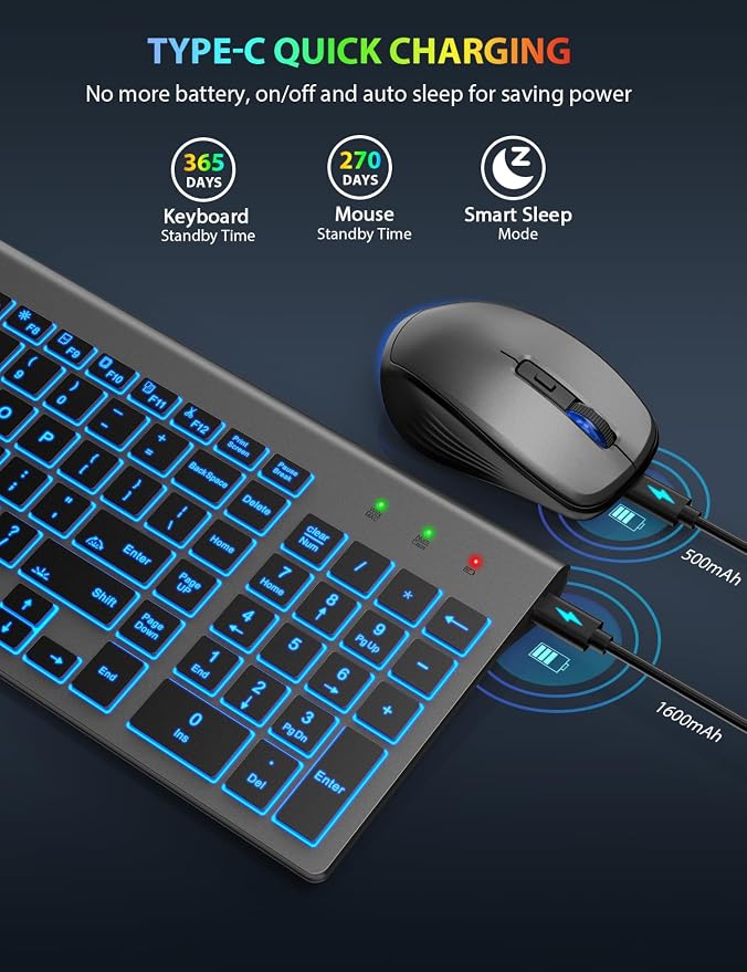 Wireless Keyboard and Mouse Combo, Compact Backlit Scissor Keys | Slim Design, Rechargeable, Quiet Typing, RGB Mouse, Auto Sleep, 2.4GHz USB Wireless, KM61PRO Portable Set for Windows & Mac - Image 4