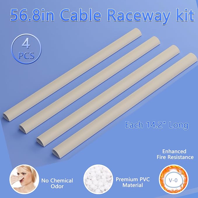 ZhiYo 56in Cord Hider for 2-3 Wall-Mounted TV Wires, 1.2"W x 0.55"H, Beige | Split-Hinge Design for Easy Installation, Half-Round Glazed Finish Ideal for Wall/Baseboard, Self-Adhesive, 4Pack(14.2" Each) - Image 4