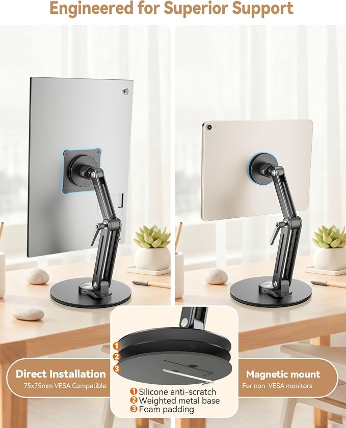 Jakeko Magnetic Portable Monitor Stand VESA Mount 75mm Travel 360° Swivel | L-Shaped Hand Wrench,13.3" 14.1" 15.6" 17.3" 18.5 Inch Screen,Thickened Base,Fully Folds Flat For Easy Storage,Solid Aluminum - Image 4