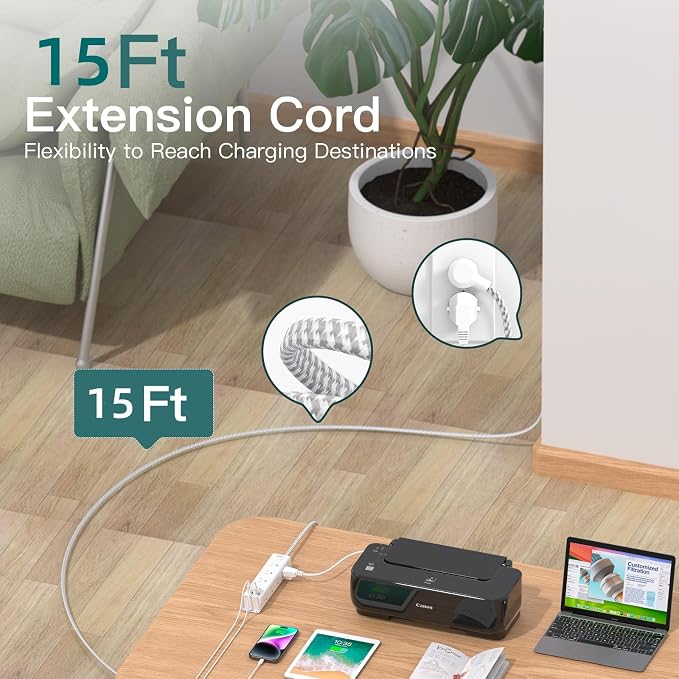 Surge Protector Power Strip - 15 FT Extension Cord with 12 AC Outlets 4 USB | Furniture Power Distribution Unit, Flat Plug Wall Mount Overload Protection 1050J, Desk Charging Station for Home Dorm Office - Image 3