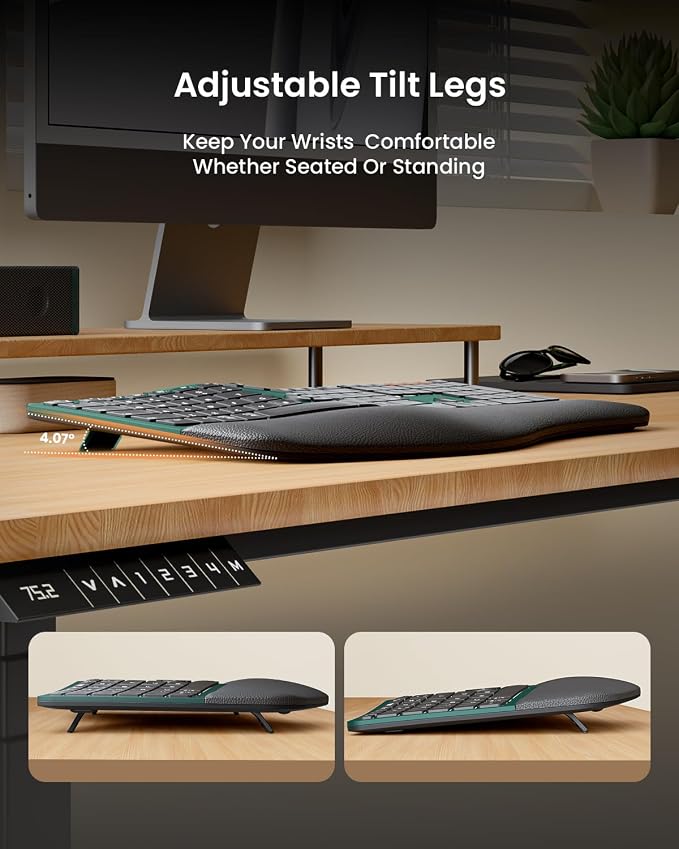ProtoArc EKM01 Plus Wireless Ergonomic Keyboard Mouse Combo - Green | Full-size Split Keyboard with Cushioned Wrist Rest, Ergonomic Mouse, 3-Device Bluetooth/2.4G, USB-C Rechargeable - Image 4