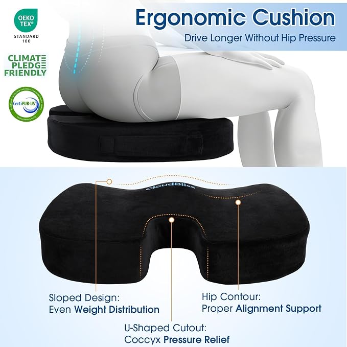 CloudBliss Ergonomic Seat Cushion & Lumbar Support Pillow Set, Black,Large | Back Pain & Sciatica Relief, Memory Foam Support, Adjustable Straps, Machine Washable Velvet, Perfect for Office, Car, Gaming - Image 6