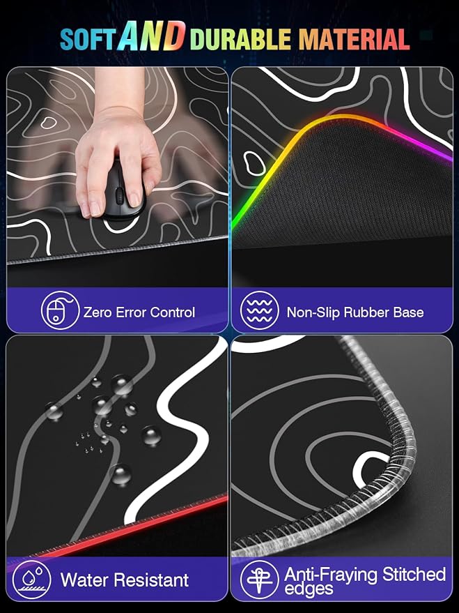 Wireless Charging RGB Gaming Mouse Pad, 31.5"x15.7" XXL Large Desk Mat | Desk Pad for Gamer, 9 Light Modes, Non-Slip Rubber Base, Waterproof Computer Keyboard Mat, Black and Topographic Line - Image 4
