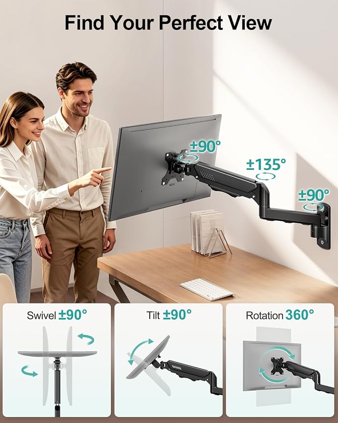 MOUNT PRO Monitor Wall Mount for 13 to 32 Inch Screens, Holds up to 19.8lbs | Single Monitor Mount with Tilt/Swivel/Rotation Adjustable, Gas Spring Wall Arm VESA Mount 75x75mm/100x100mm - Image 3