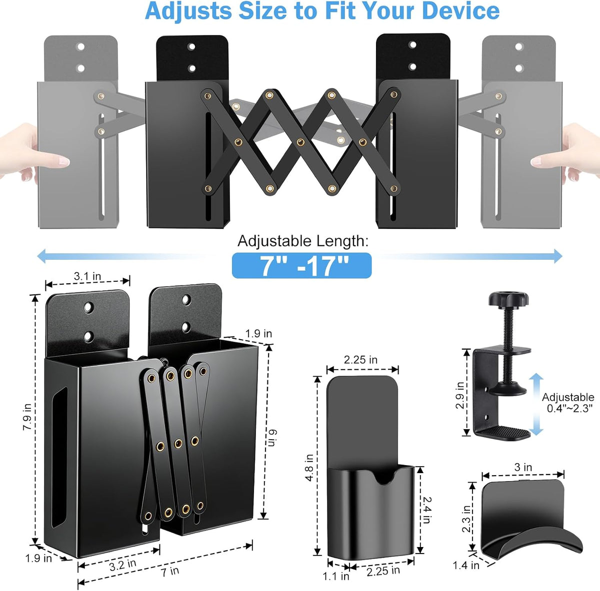Desk Side Storage，Under Desk Clamp-on Vertical Laptop Holder,7-17 Inch Length Adjustable with Pen & Headphone Holder,No Drill Storage Shelf for Desk，Fits Table Edge 0.4" to 2.3"(Black) - Image 2
