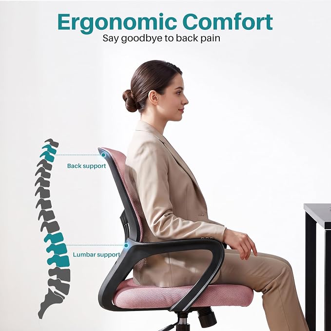 OLIXIS Ergonomic Office Desk Chair, Mid-Back Executive Computer Chair | Fixed Armrest, Rocking Mode, Height Adjustable, 360° Rolling Swivel Adults, Student, Pink - Image 3