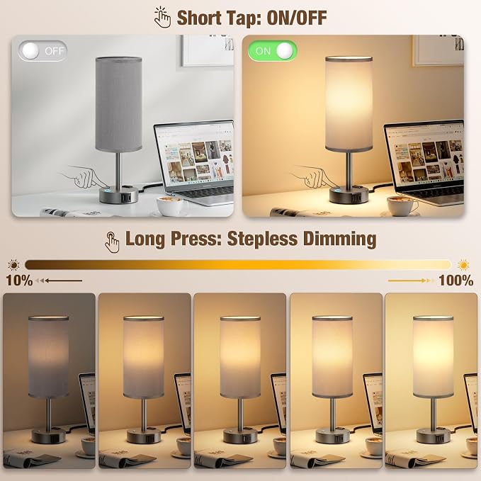 Grey Touch Bedside Lamp for Bedroom, Stepless Dimmable, USB A+C, AC Outlet | Base Touch Button Only, Memory Brightness, Ultra-dim Night Light, Included Bulb for Optimal Dimming, Grey Fabric Shade, Desk - Image 2