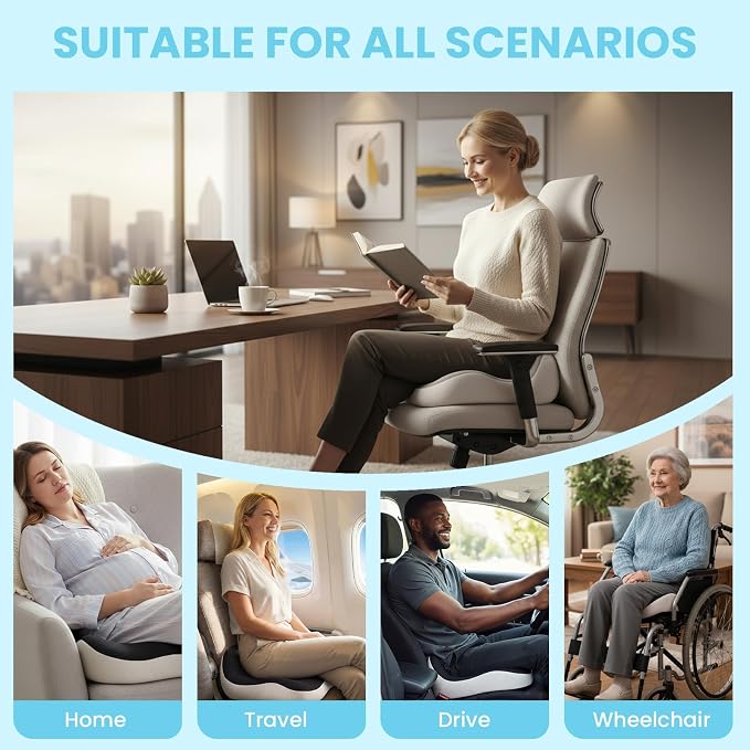 Seat Cushion, Memory Foam for Sit Bone and Back Pain Relief | Dual-Hole Ventilation, Coccyx,Sciatica and Tailbone Hip Relief ,Posture Support ,Office Chair and Car Seat,Home Use - Image 9