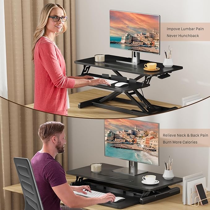 JOY worker Standing Desk Converter, 32" Height Adjustable Sit Stand Riser | Black Desktop Sit to Stand Riser with Fixed Keyboard Tray, Monitor and Laptop Workstation, Particle Board, for Home Office - Image 5