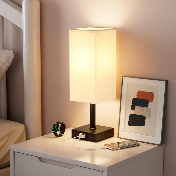 Touch Table Lamp for Bedroom - Dimmable, USB C+A, White Lamphade Black Base | 3-Way Dimmable, 3000K LED Bulb Included, Square Lampshade, Cute Room Decor for Teen Girls, Kids, Small Lamp for Dorm, Nursery - Image 5