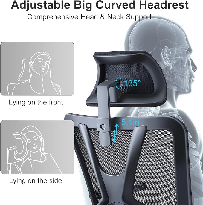 Ticova Ergonomic Office Chair - High Back Desk Chair with Adjustable Lumbar Support & 3D Armrest - 130°Reclining & Rocking Mesh ComputerChair with Thick Seat Cushion & Rotatable Headrest - Image 6
