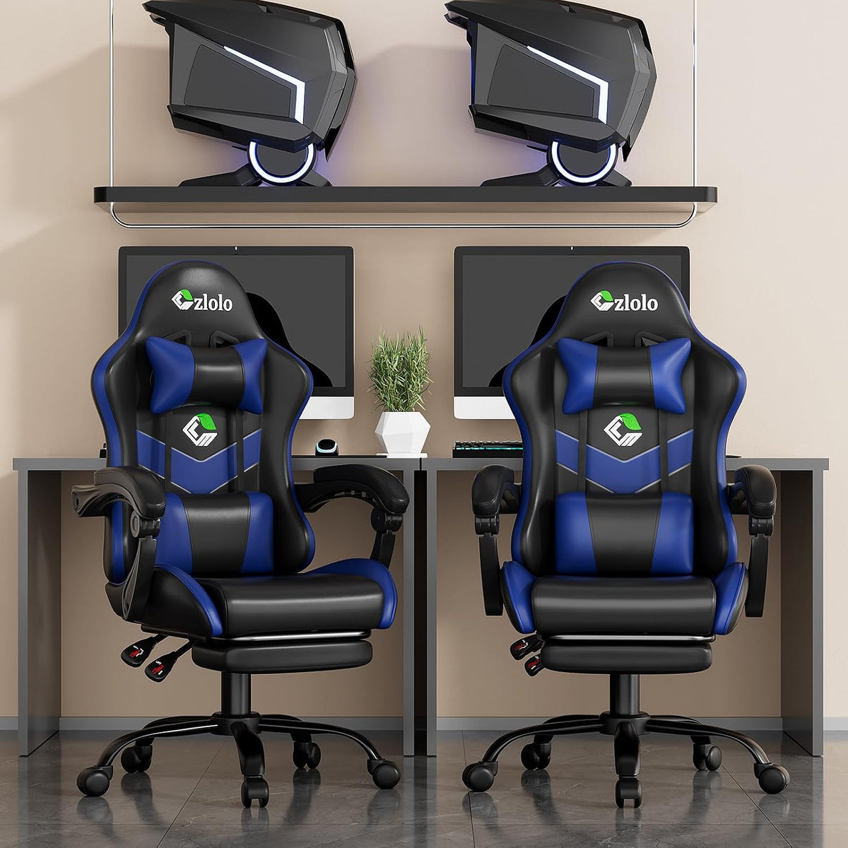Gaming Chair with Footrest Racing Style Lumbar Support Massager Video Game Chair with Metal Legs, High Back Gamer Chair with Headrest, 360° Swivel Office Computer Desk Chair, Navy Blue - Image 2