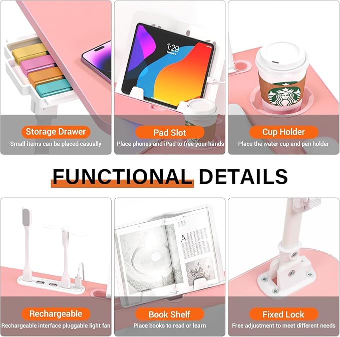 Lap Desk for Bed Adjustable Height with USB Port 23.6" x15.7" Desktop | Storage Drawer, Bookshelf, Fits 17" Laptop, For couch WFH Study, Foldable Non-Slip No Assembly Sturdy Lightweight Pink - Image 5