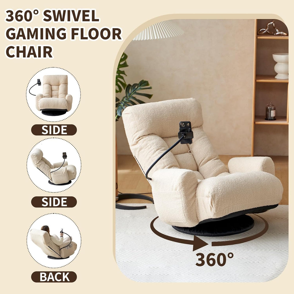 Swivel Lazy Floor Chair, Adjustable Reclining Floor Lounger with Head & Back Support and Phone Holder, Comfy Tatami Sofa Seat for Adults Bedroom & Gaming - Image 6
