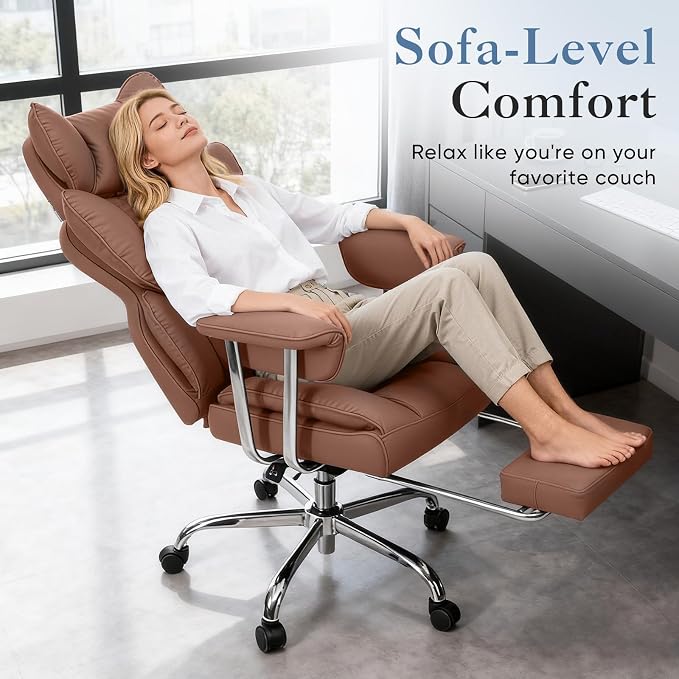 DUMOS Big and Tall Home Office Desk Chair, Executive Chair with Footrest | Scratch-Resistant PU Leather, Ergonomic Reclining, Pocket Spring Support, 400 LBS Weight Capacity, Brown - Image 3