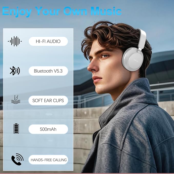Noise Cancelling Headphones Wireless Bluetooth, Over Ear Headphone Bluetooth with Microphone, Cancelling Wireless Headphones Over Ear, 65h Playtime, Clear Calls, Comfort Fit for Travel (Grey) - Image 7