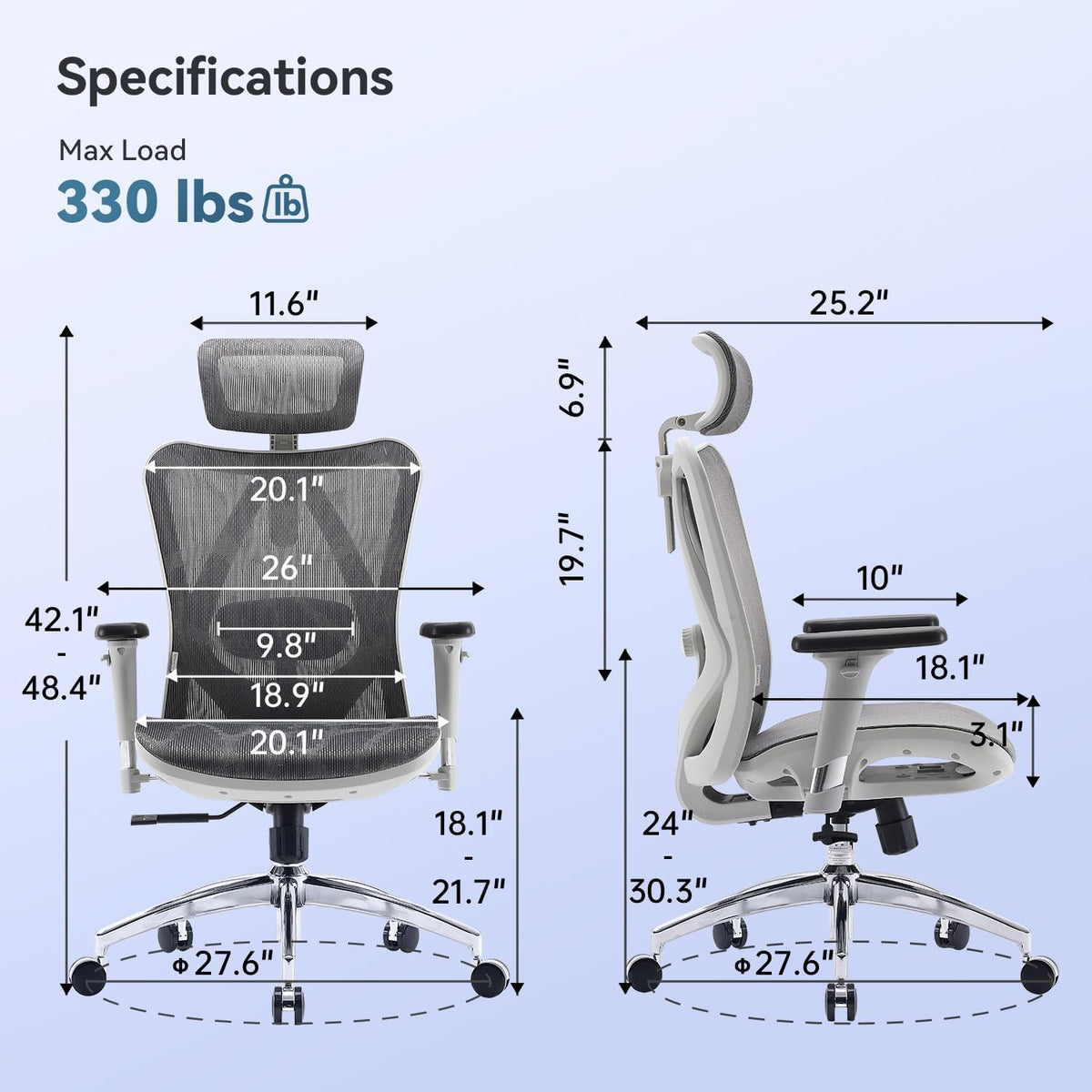 SIHOO M57 Ergonomic Mesh Office Chair, High Back Home Desk Chair with 3D Armrests, Lumbar Support and Adjustable Headrest, Comfortable Computer Chair, Hold 330 LBS-2 Packs-Light Grey - Image 3