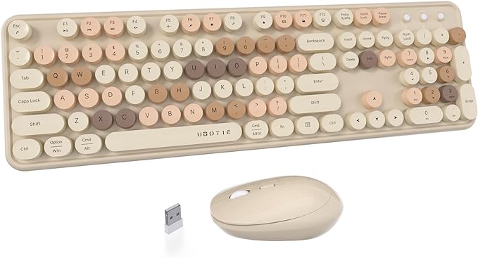 UBOTIE Colorful Wireless Keyboard and Mouse Combo (Milk Tea-Colorful) | Retro Typewriter Floating Full-Sized Keys Computer Keyboard with Optical Mouse, 2.4GHz USB Connection for Windows Mac by UBOTIE