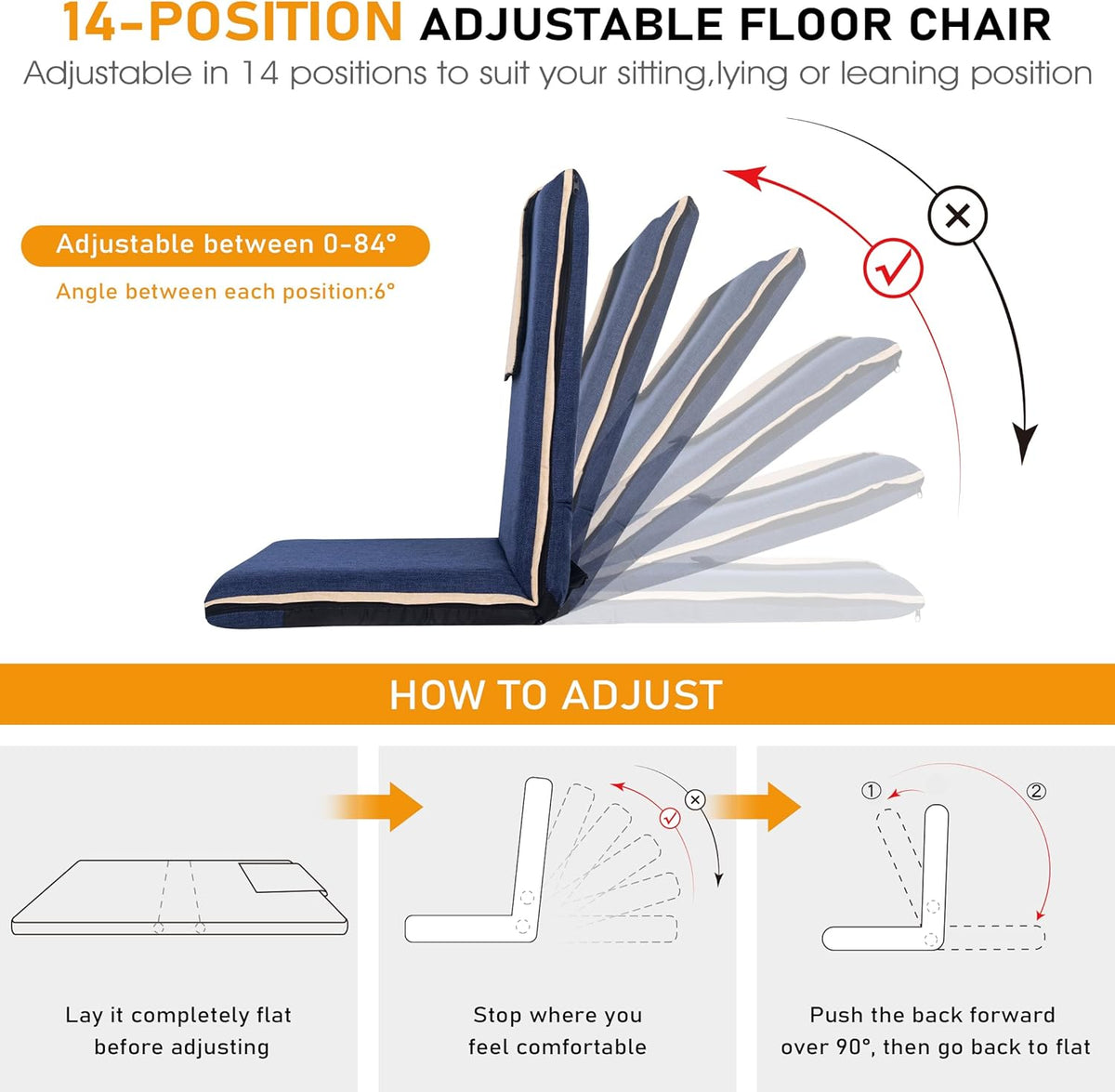 Floor Chair with Back Support Foldable Meditation Seat, Blue - Image 3