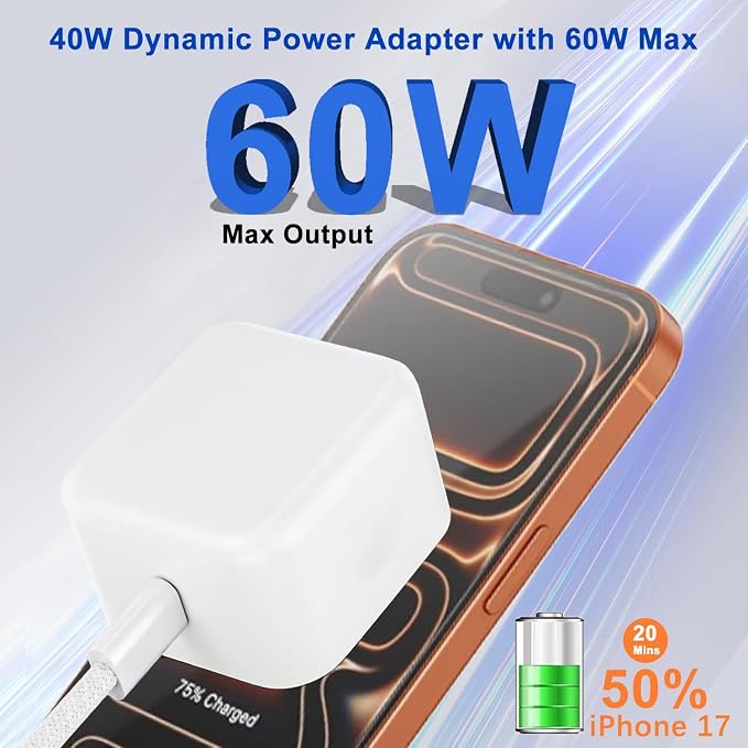 iPhone 17/16 Fast Charger,2Pack 40W Dynamic USB C Charger Block Foldable Power Adapter with 60W Max Fast Charging&6FT USB C Woven Charging Cable Cord for iPhone 17 Pro Max/Air/16e/15,iPad Pro/Air/Mini - Image 2