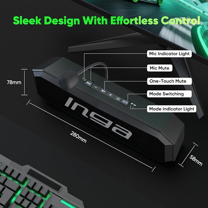 INGA Computer Speakers with Detachable Mic, Plug-and-Play USB Soundbar with Dynamic Lighting, Game/Music Modes, Compatible with PC, Laptop, PS5, Mac - Image 7