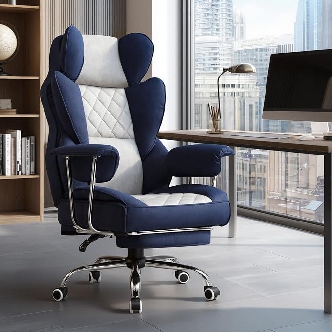 GTPLAYER Gaming Chair,Office Chair with Pocket Spring Lumbar Support, Ergonomic Comfortable Wide Office Desk Computer Chair with Outward Fixed Soft Armrests and Footrest (Fabric, Dark Blue & White) - Image 2