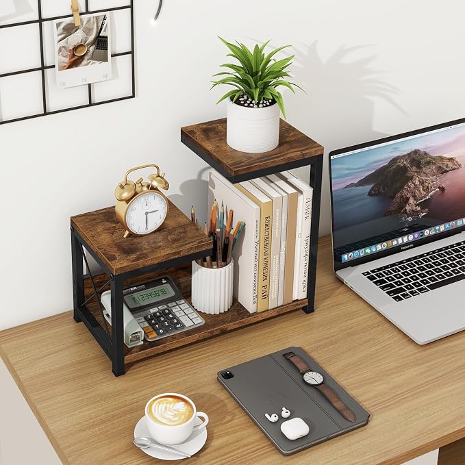 ELITEROO Desktop Shelf Organizer, 3 Tier Office Shelves, Wood Desk Organizers Storage Rack and Freestanding Display Shelf for Office, Dormitory, Home, Rustic Brown - Image 2