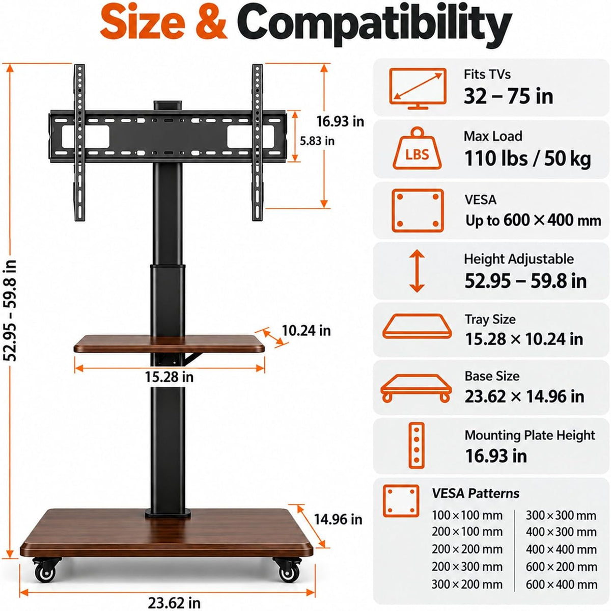 Rolling TV Stand for 32-75 Inch TVs up to 110 lbs - Image 7