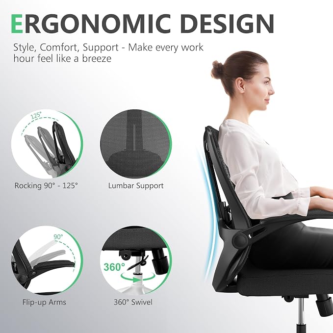 Ergonomic Office Desk Chair High Back Mesh Computer Chair Adjustable Chair | 360° Swivel Adjustable Lumbar Support & Flip-Up Armrests capacity 300 lbs capacity - Image 3