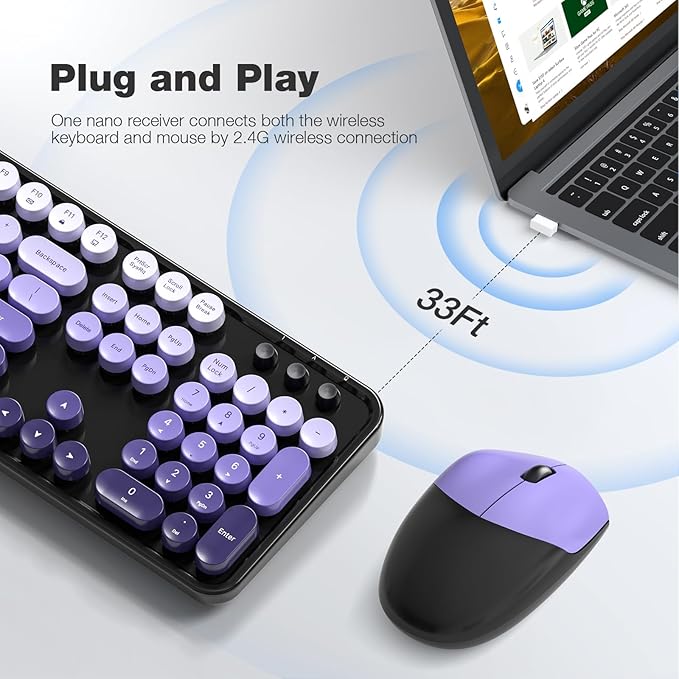MOFII Wireless Keyboard and Mouse Combo, 2.4GHz Retro Typewriter Keyboard Full Size, Cute Wireless Mice, USB Dongle Plug and Play, for Laptop, PC, Desktop, Windows (Black Purple Gradient Color) - Image 2